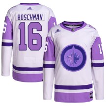 Winnipeg Jets Men's Laurie Boschman Adidas Authentic White/Purple Hockey Fights Cancer Primegreen Jersey