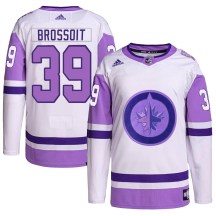 Winnipeg Jets Men's Laurent Brossoit Adidas Authentic White/Purple Hockey Fights Cancer Primegreen Jersey