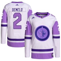Winnipeg Jets Men's Dylan DeMelo Adidas Authentic White/Purple Hockey Fights Cancer Primegreen Jersey