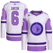 Winnipeg Jets Men's Ted Green Adidas Authentic White/Purple Hockey Fights Cancer Primegreen Jersey