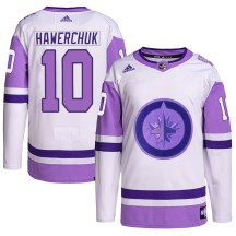 Winnipeg Jets Men's Dale Hawerchuk Adidas Authentic White/Purple Hockey Fights Cancer Primegreen Jersey
