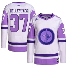 Winnipeg Jets Men's Connor Hellebuyck Adidas Authentic White/Purple Hockey Fights Cancer Primegreen Jersey