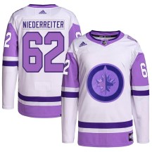 Winnipeg Jets Men's Nino Niederreiter Adidas Authentic White/Purple Hockey Fights Cancer Primegreen Jersey