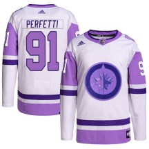 Winnipeg Jets Men's Cole Perfetti Adidas Authentic White/Purple Hockey Fights Cancer Primegreen Jersey