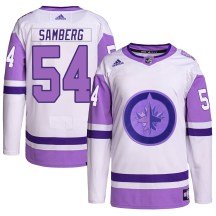 Winnipeg Jets Men's Dylan Samberg Adidas Authentic White/Purple Hockey Fights Cancer Primegreen Jersey