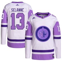 Winnipeg Jets Men's Teemu Selanne Adidas Authentic White/Purple Hockey Fights Cancer Primegreen Jersey