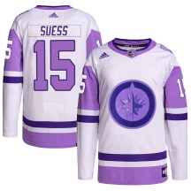 Winnipeg Jets Men's C.J. Suess Adidas Authentic White/Purple Hockey Fights Cancer Primegreen Jersey