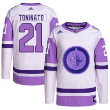 Winnipeg Jets Men's Dominic Toninato Adidas Authentic White/Purple Hockey Fights Cancer Primegreen Jersey