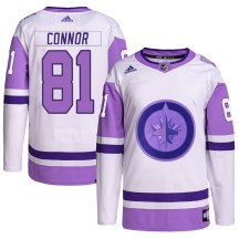 Winnipeg Jets Youth Kyle Connor Adidas Authentic White/Purple Hockey Fights Cancer Primegreen Jersey