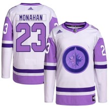 Winnipeg Jets Youth Sean Monahan Adidas Authentic White/Purple Hockey Fights Cancer Primegreen Jersey