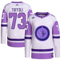 Winnipeg Jets Youth Tyler Toffoli Adidas Authentic White/Purple Hockey Fights Cancer Primegreen Jersey